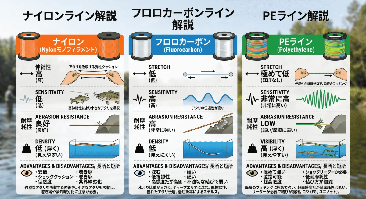 ナイロン・フロロカーボン・PEラインの太さと特性の違いを示す図